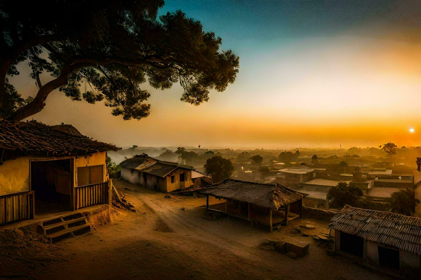 the sun sets over a village in the middle of a desert. AI-Generated photo