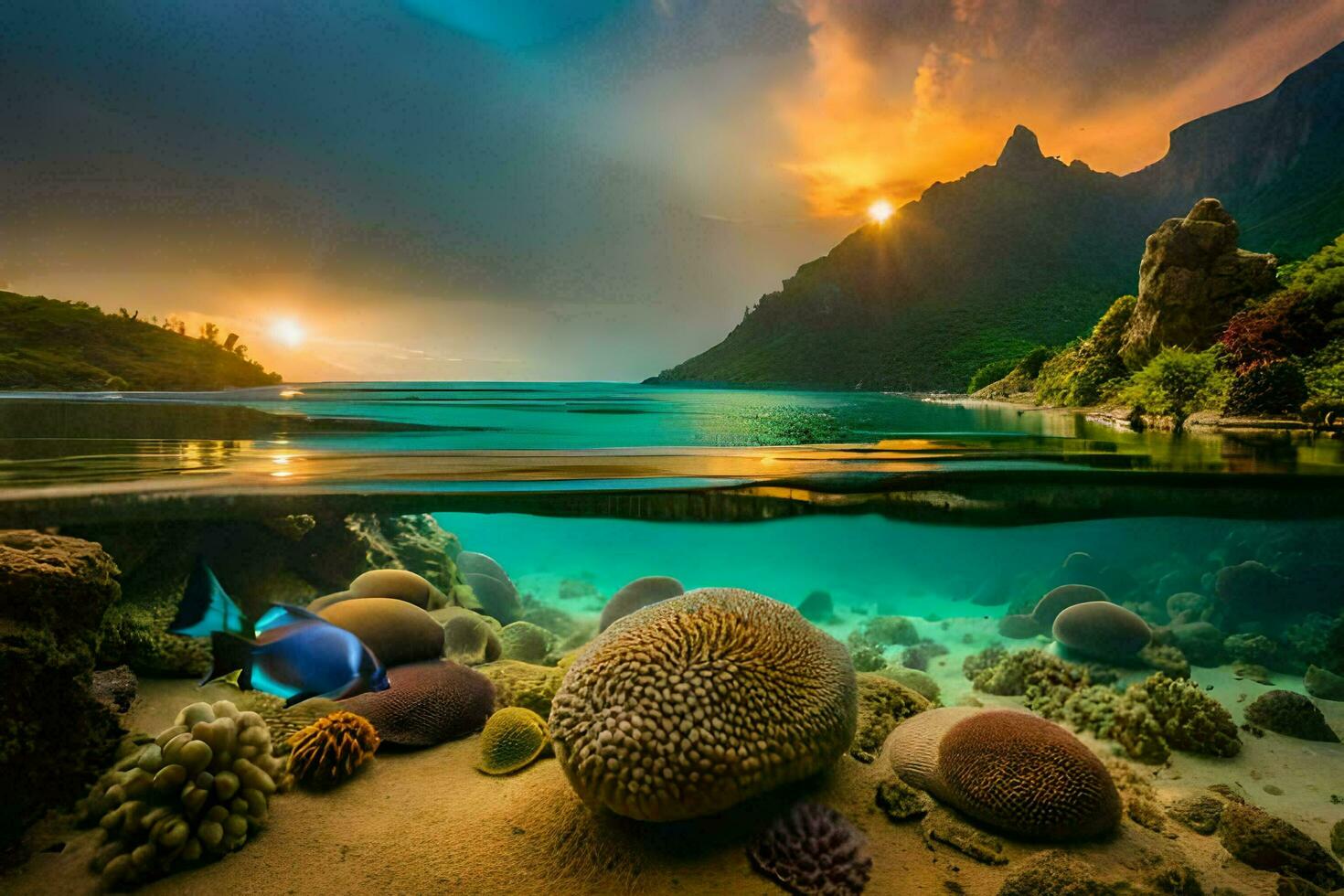 the sun sets over a tropical island with coral reefs and fish. AI-Generated photo
