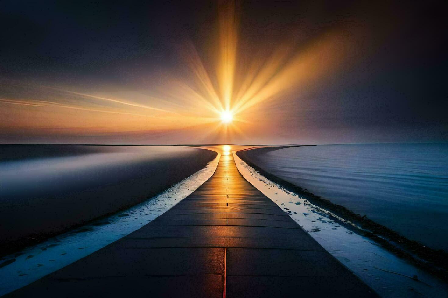a long walkway leading to the sun. AI-Generated photo