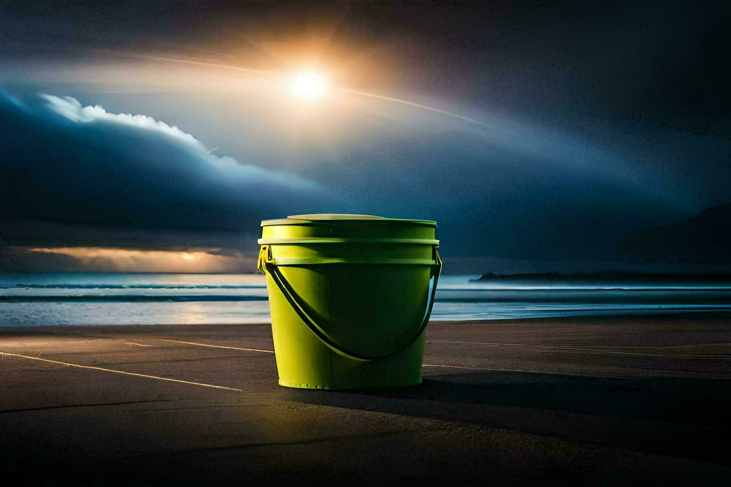 a green bucket sitting on the beach at night. AI-Generated photo