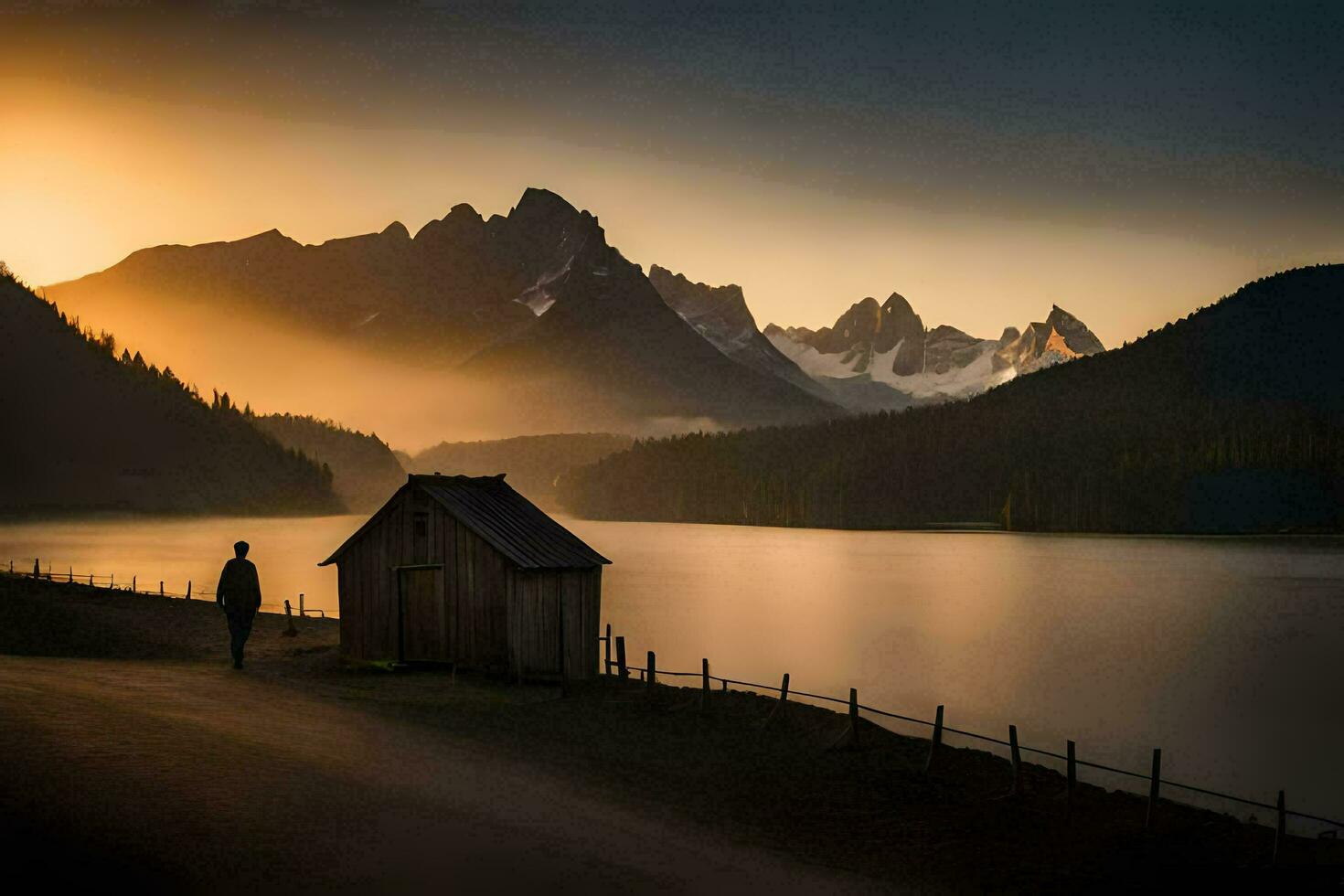 a man stands by a lake at sunset with mountains in the background. AI-Generated photo