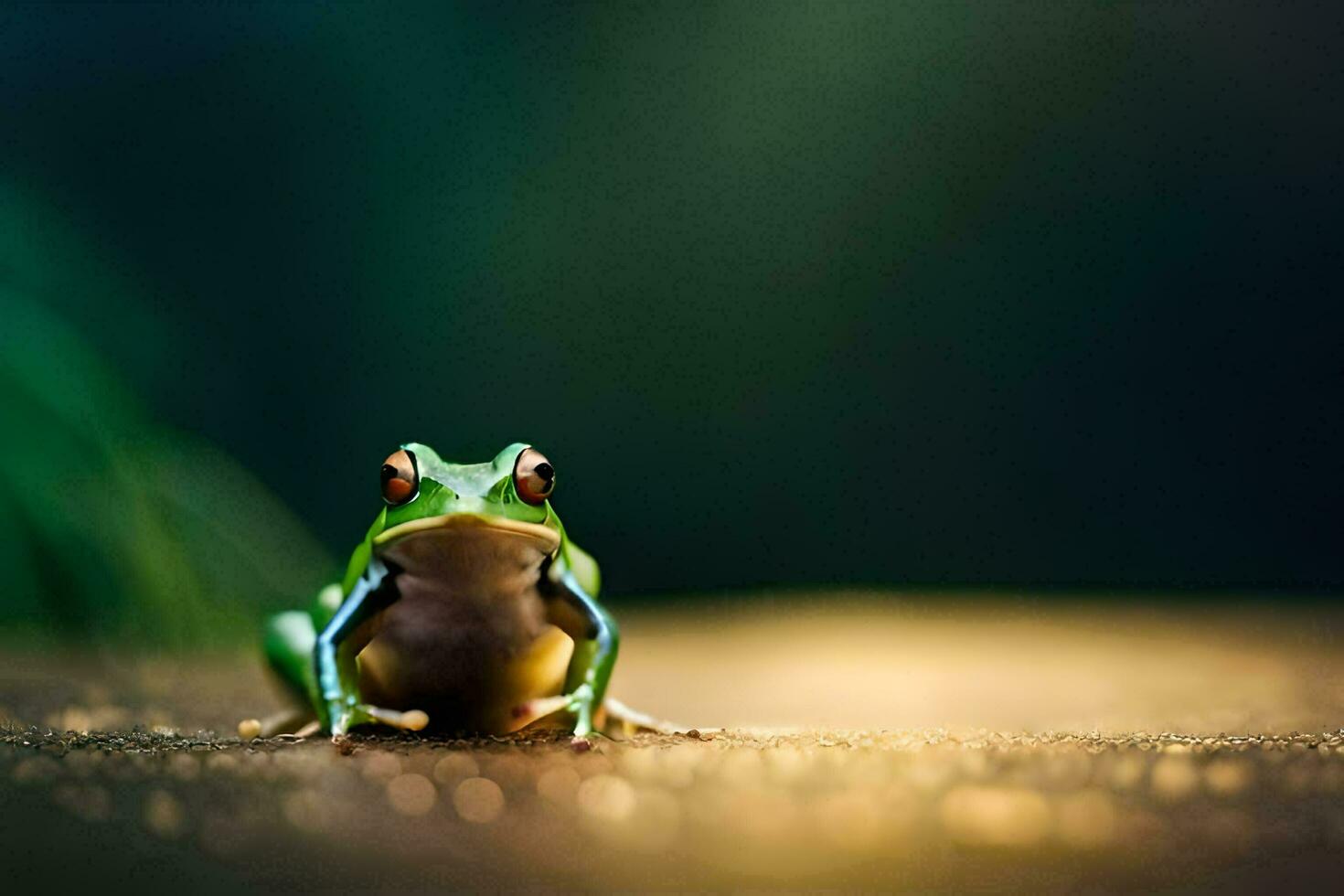 a frog sitting on the ground with a blurry background. AI-Generated photo