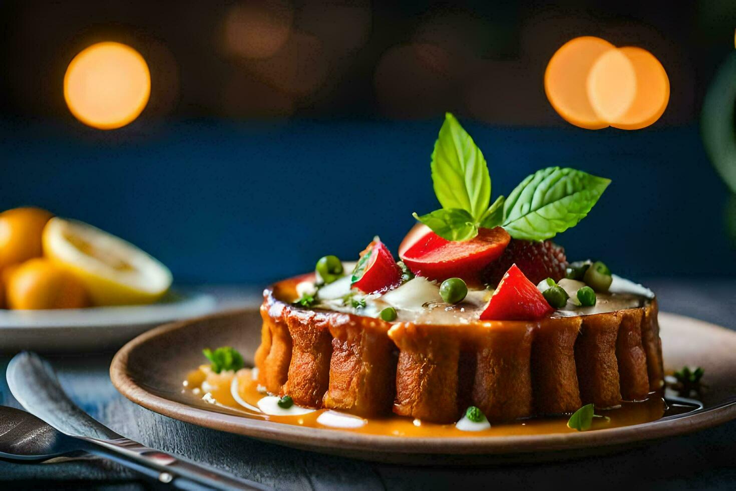 a dessert with strawberries and cream on a plate. AI-Generated photo