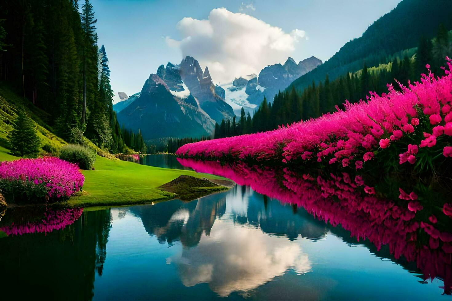 pink flowers are growing along the side of a lake. AI-Generated photo