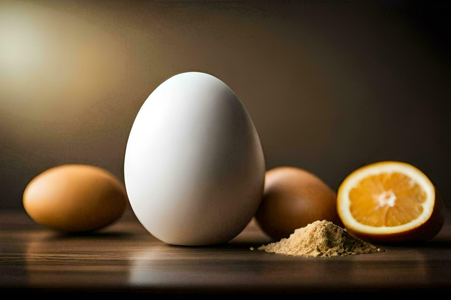 un huevo y un naranja en un mesa. generado por ai foto