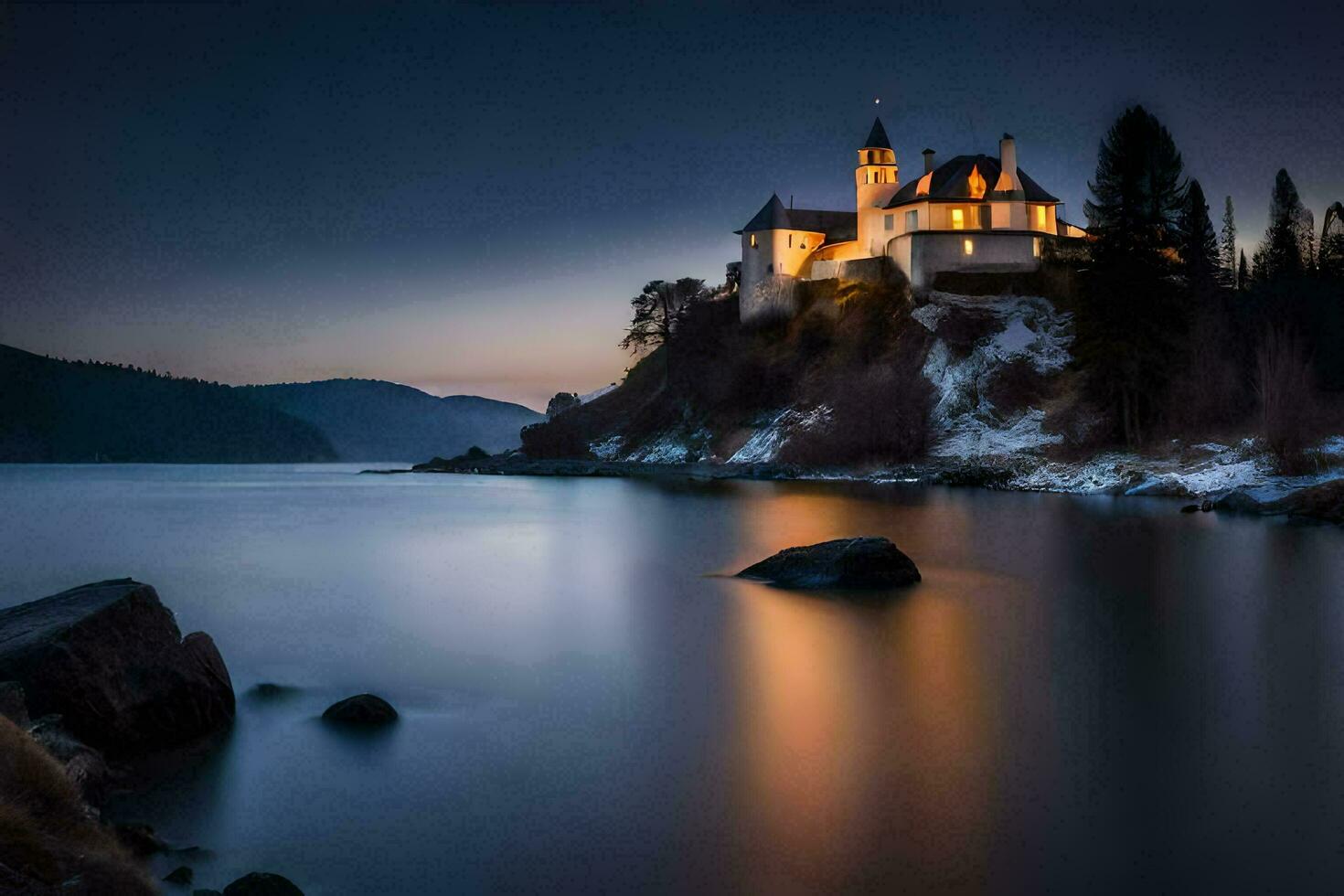 a castle sits on the shore of a lake at night. AI-Generated photo