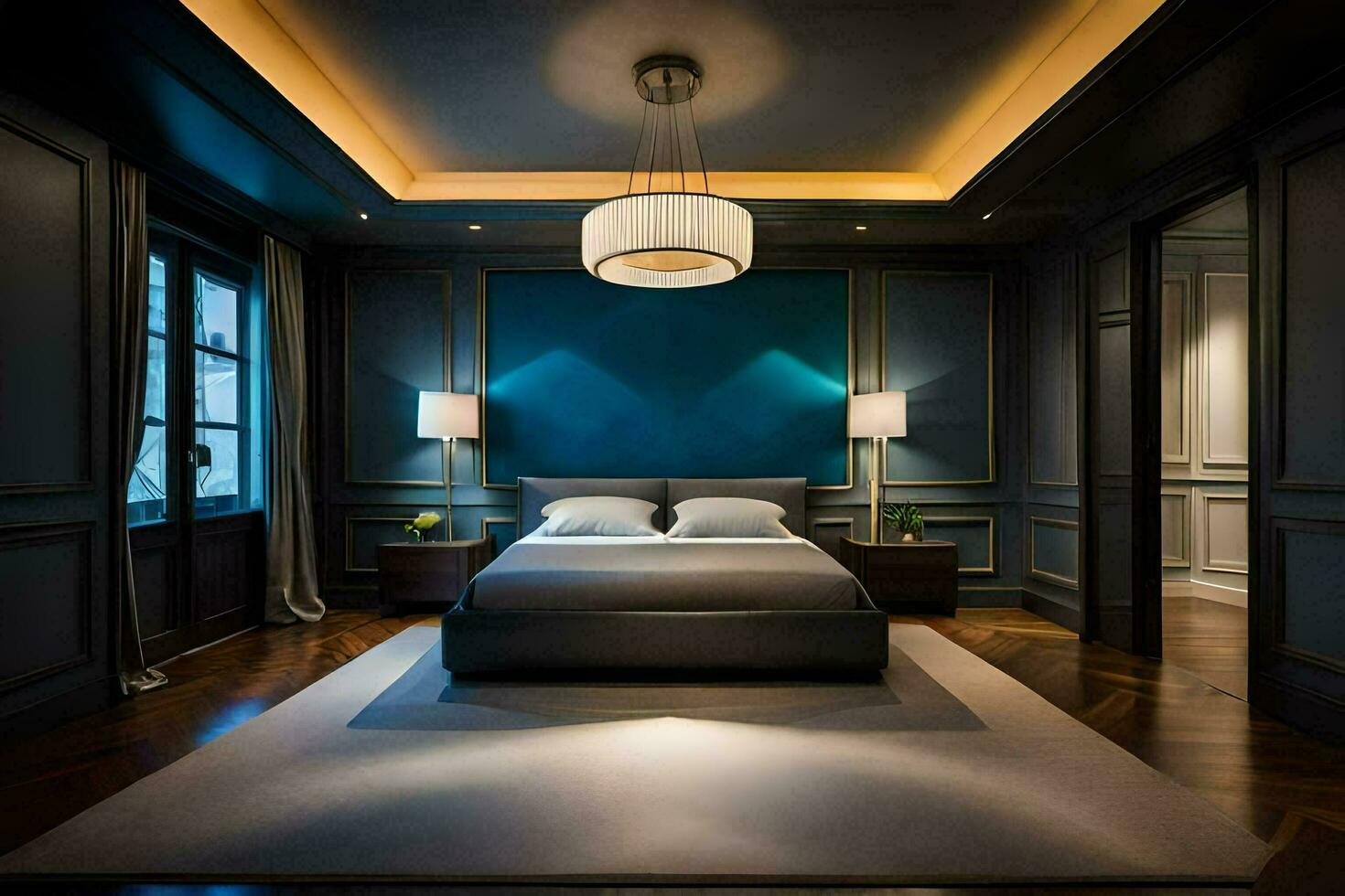 a bedroom with dark blue walls and a bed. AI-Generated photo