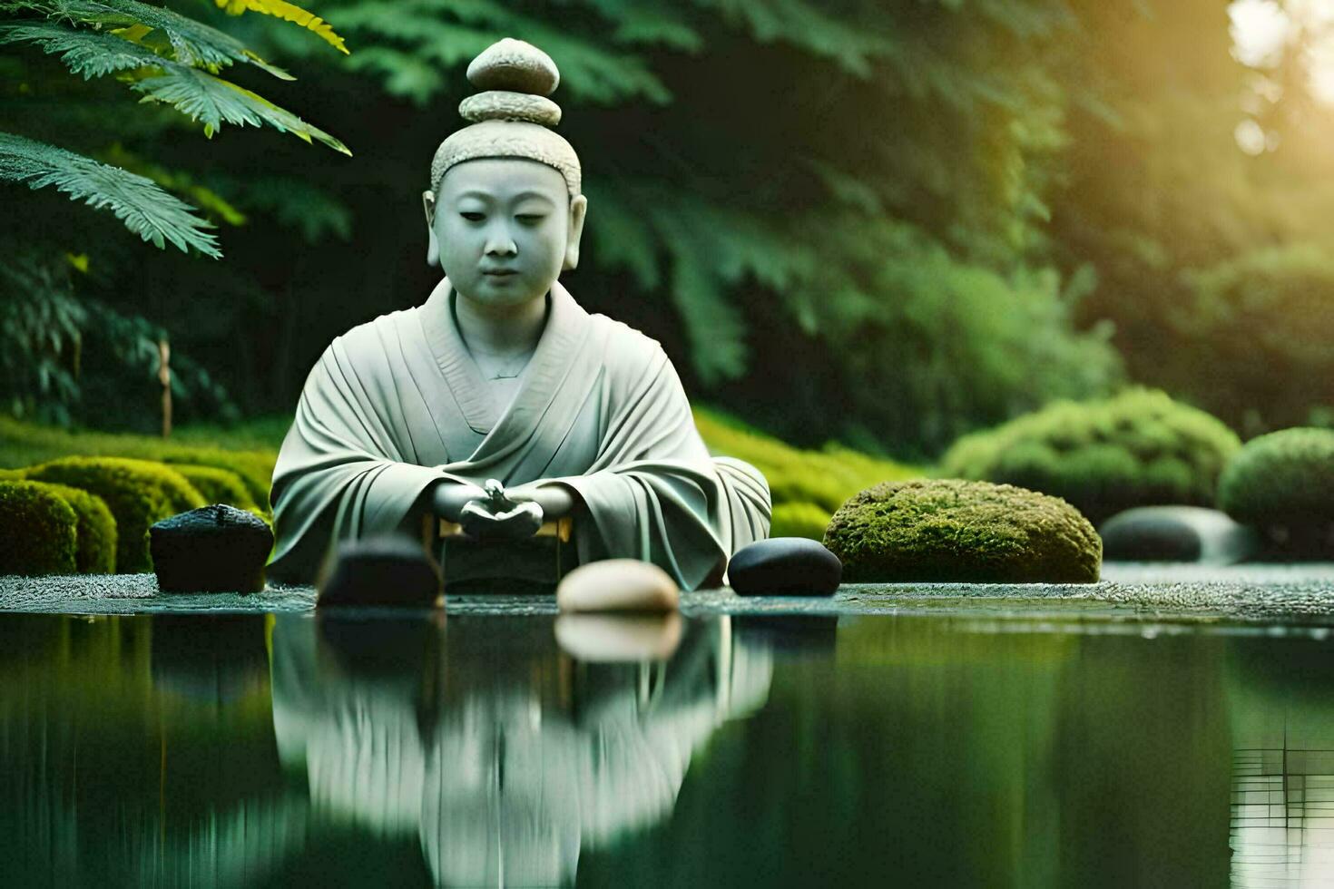 a statue of a buddha sitting in the water. AI-Generated photo