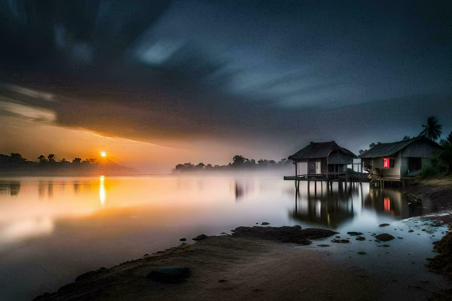 photo wallpaper the sky, water, sunrise, the house, the lake, the house, the. AI-Generated