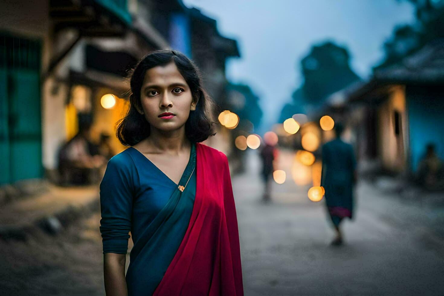 a woman in a red and blue sari stands in the middle of a street. AI-Generated photo