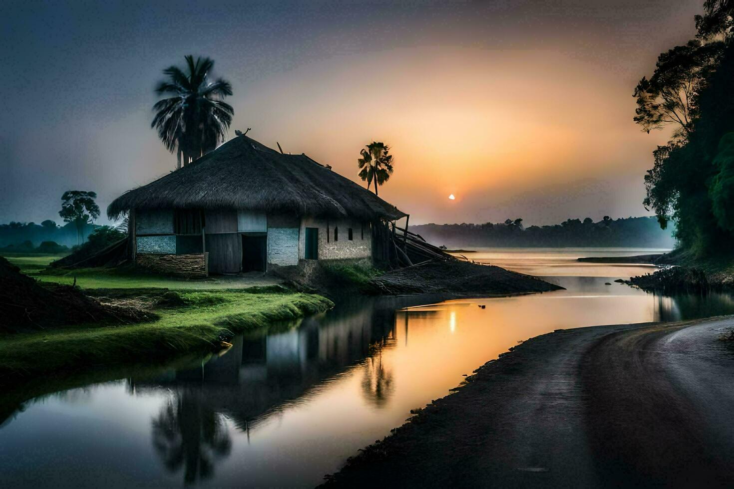 a small hut sits on the side of a river at sunset. AI-Generated photo