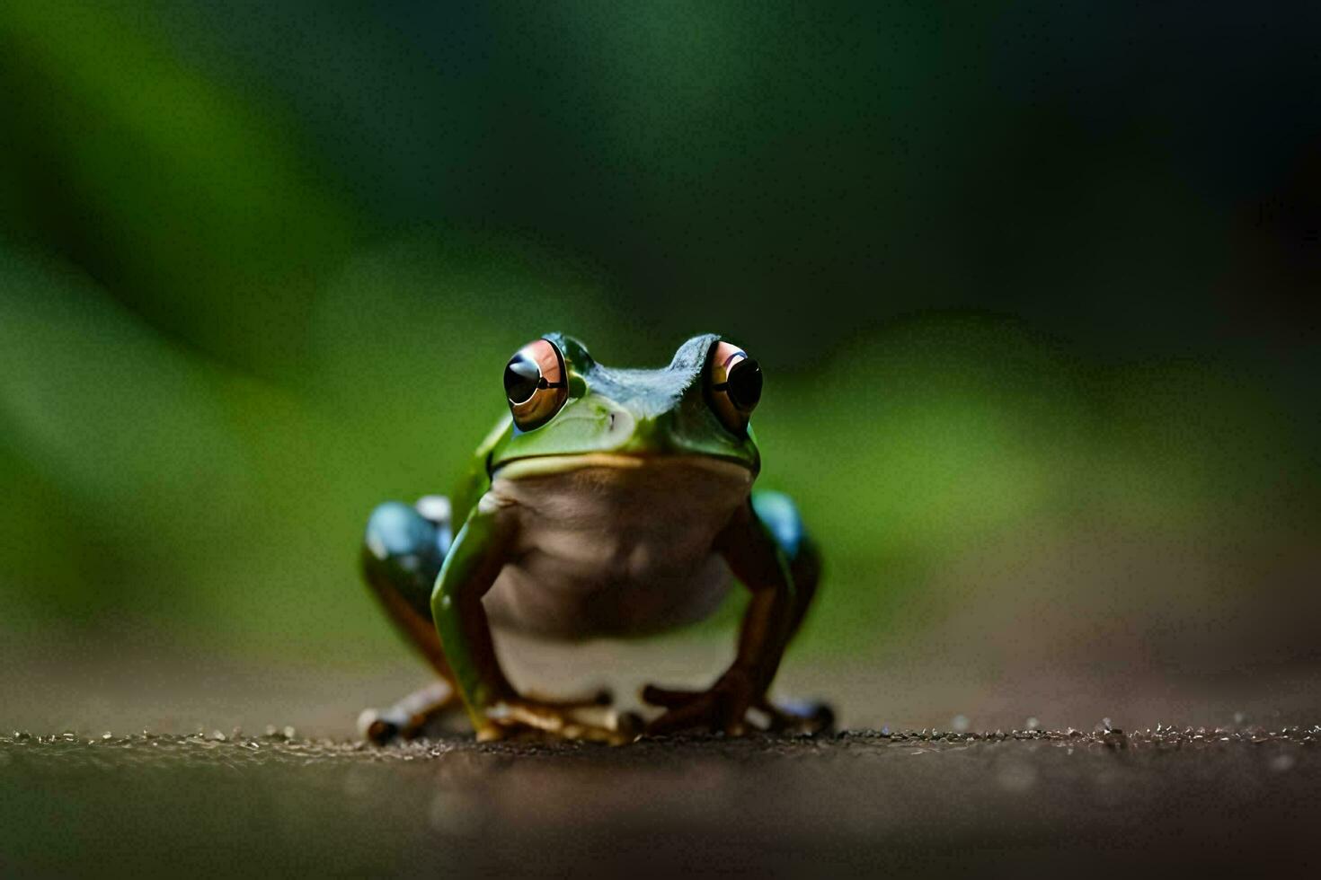 a frog is sitting on the ground with its eyes open. AI-Generated photo