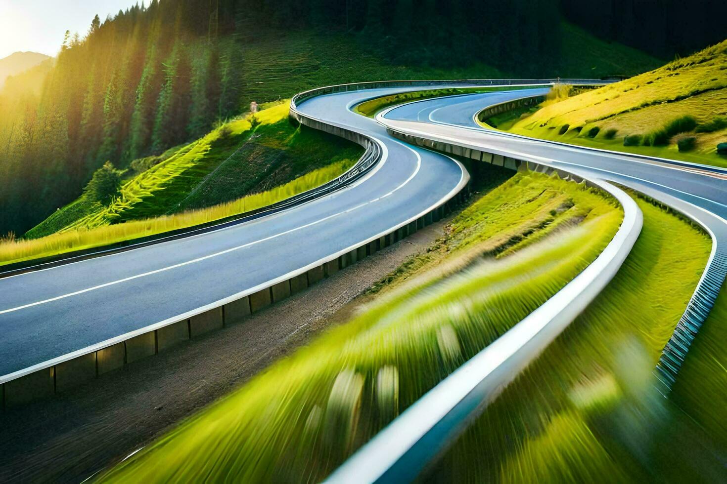 a winding road in the mountains with a sun shining. AI-Generated photo