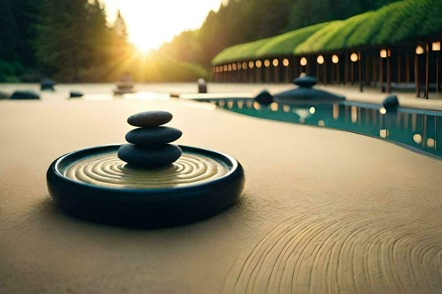 a zen garden with stones and water. AI-Generated photo