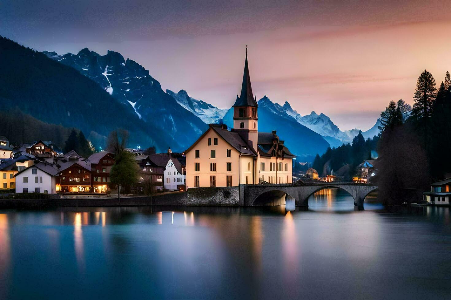 un Iglesia y puente terminado un río en el montañas. generado por ai foto