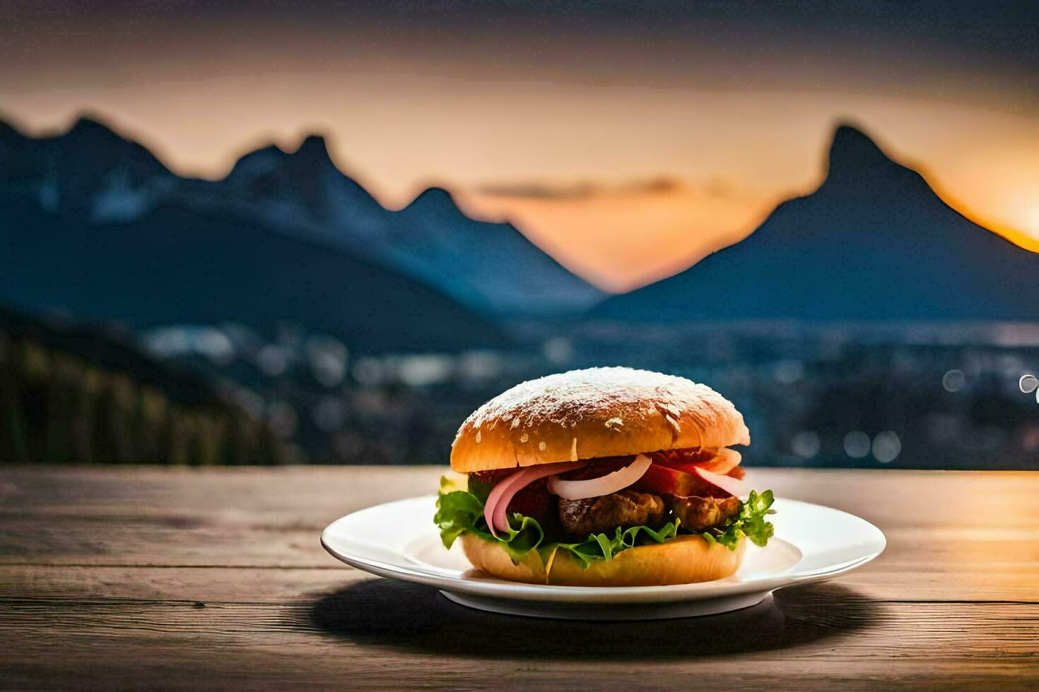 a hamburger on a plate with mountains in the background. AI-Generated photo