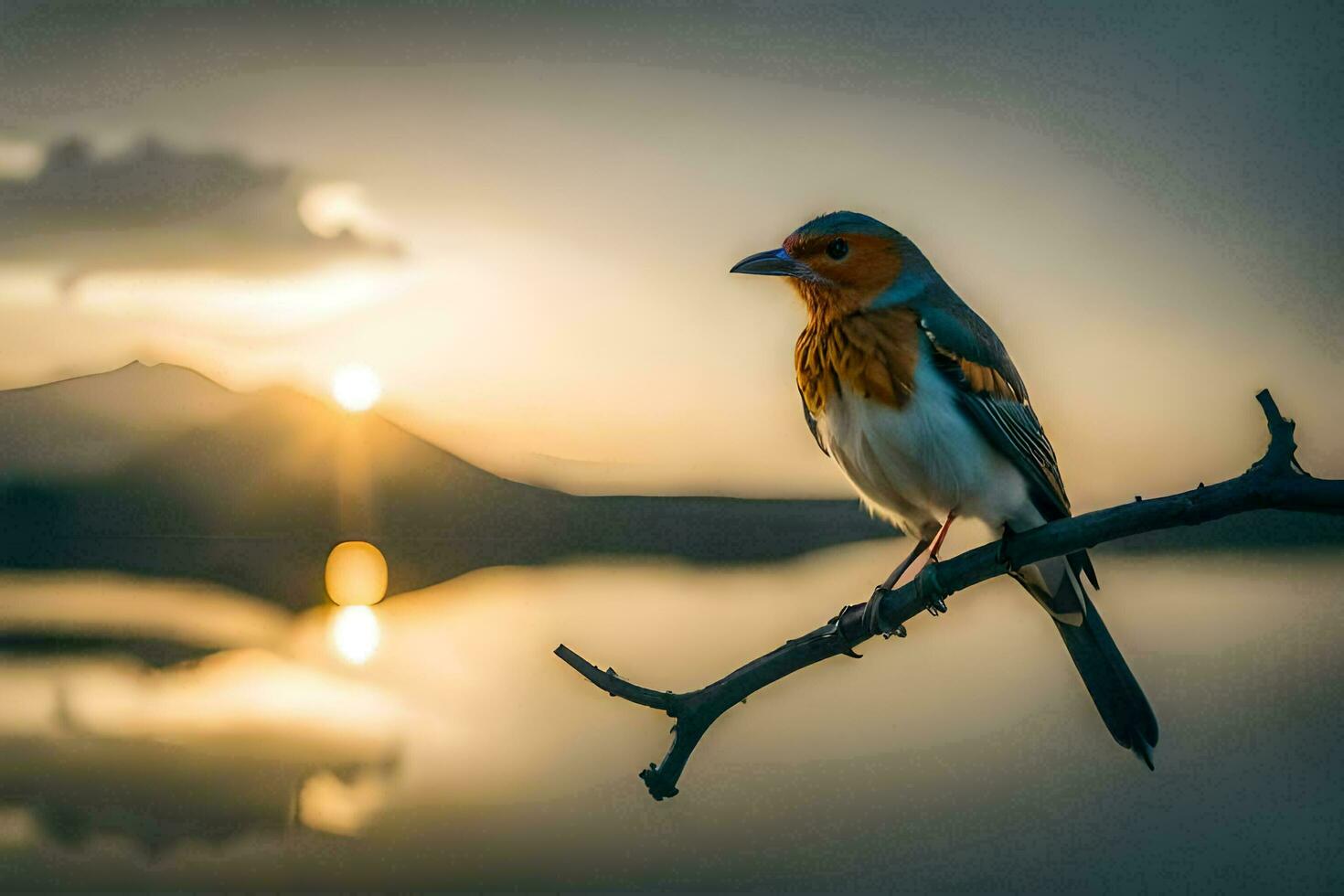 a bird sitting on a branch in front of a lake. AI-Generated photo