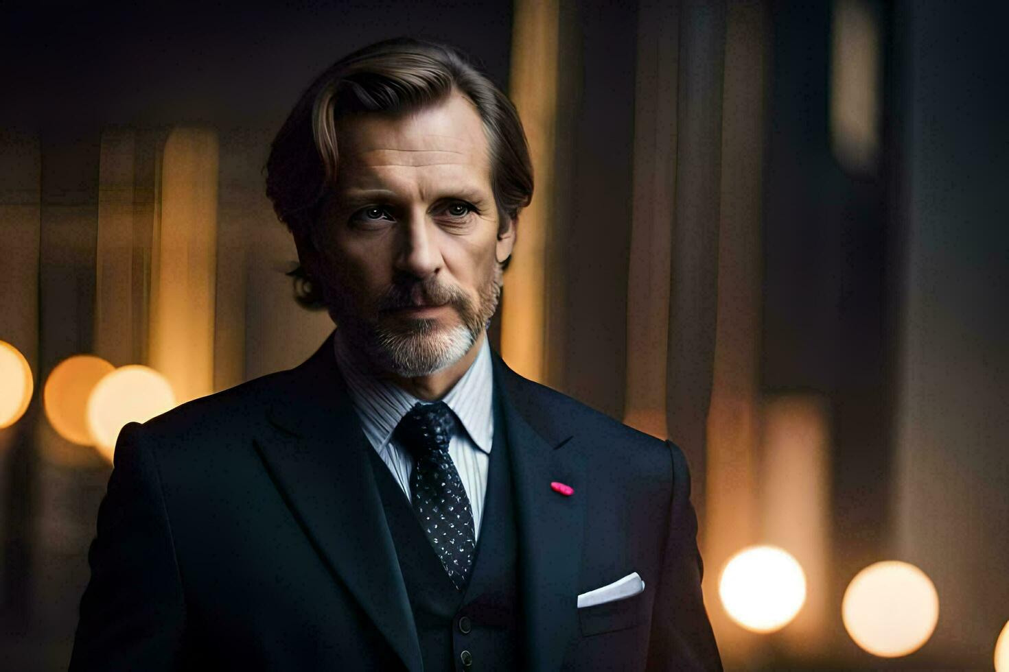 a man in a suit and tie standing in a dark room. AI-Generated photo