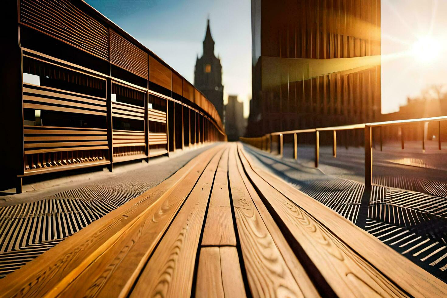 a wooden walkway in front of a city building. AI-Generated photo