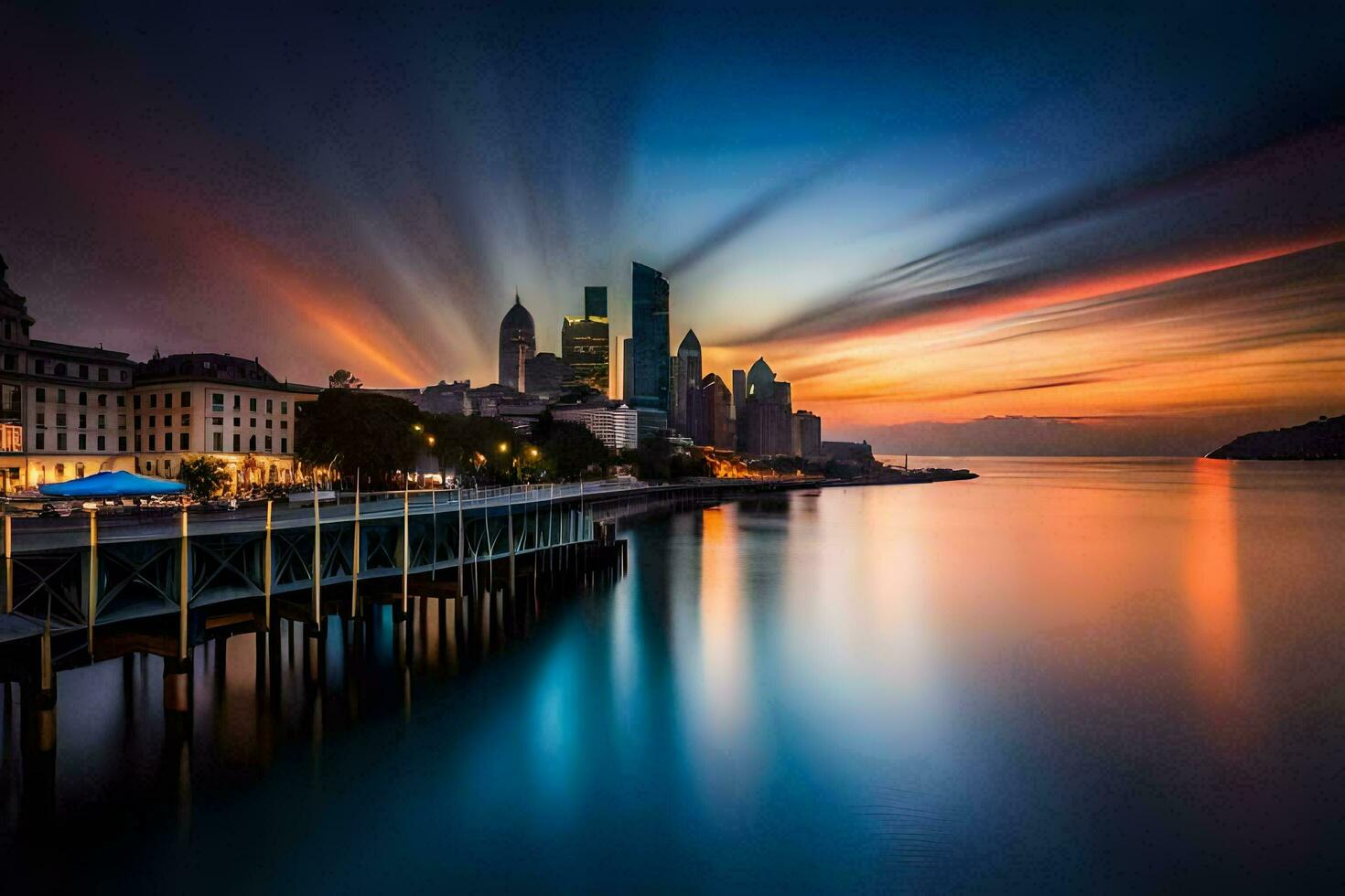 a city skyline at sunset with the sun shining. AI-Generated photo