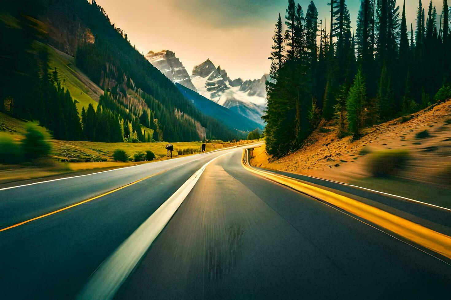 a road in the mountains with trees and mountains in the background. AI-Generated photo