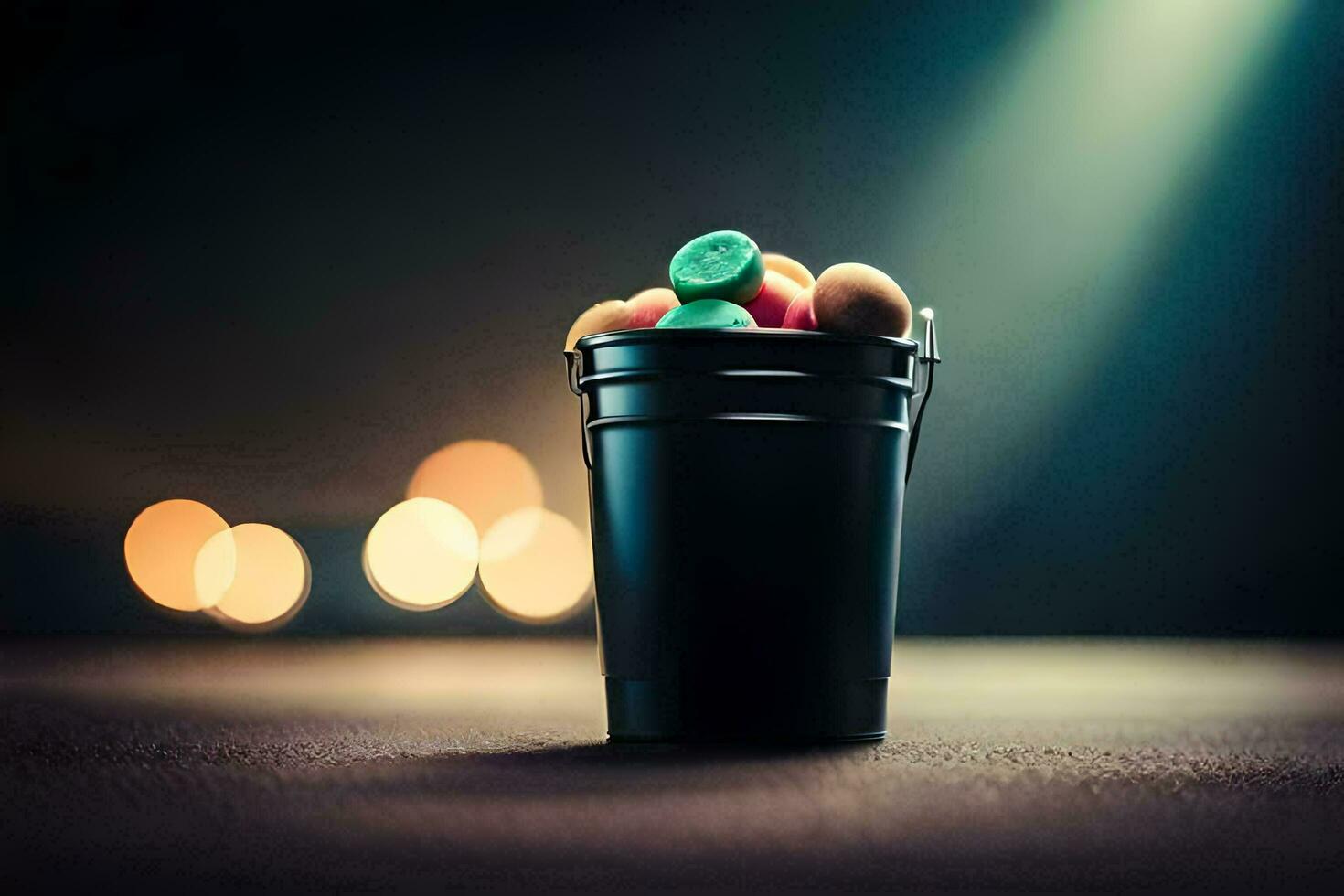 a bucket filled with colorful candies on a table. AI-Generated photo