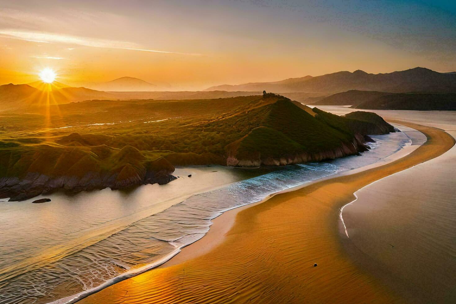 el Dom conjuntos terminado un playa y montañas. generado por ai foto