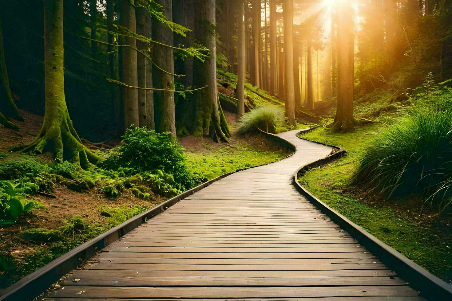 a wooden path in the forest with the sun shining. AI-Generated photo