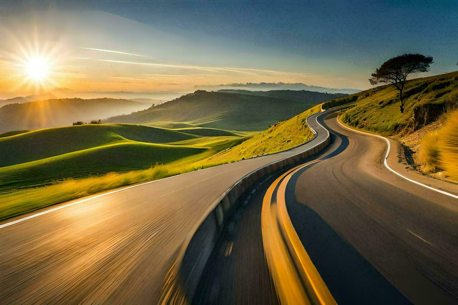a winding road in the hills at sunset. AI-Generated photo