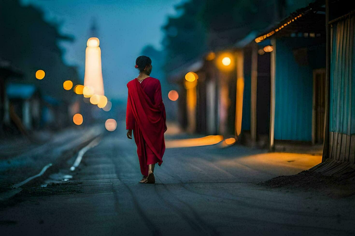 un monje camina abajo un calle a noche. generado por ai foto