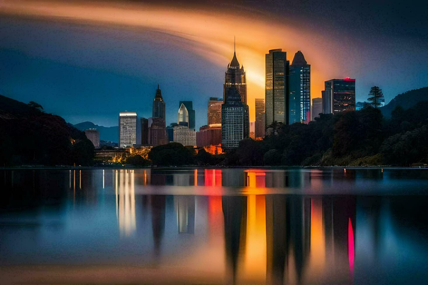 the city skyline is reflected in the water. AI-Generated photo