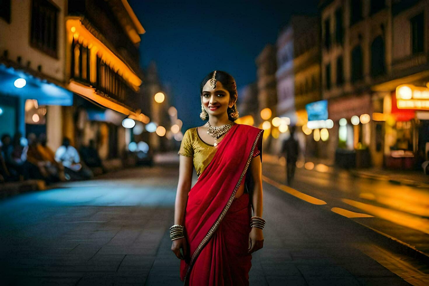 a beautiful indian woman in a red sari standing in the middle of a city street at. AI-Generated photo