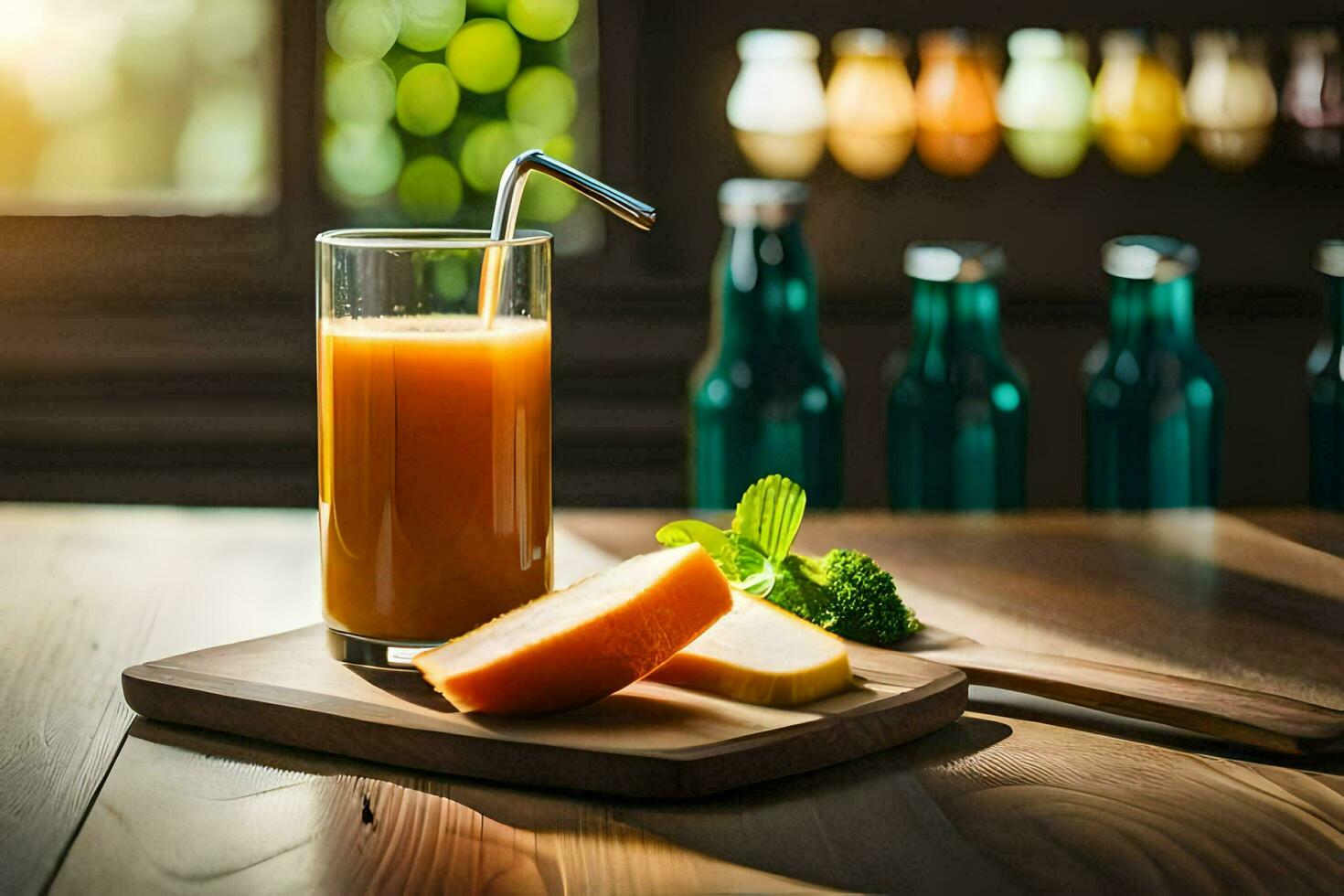 a glass of orange juice with a slice of cheese on a wooden table. AI-Generated photo