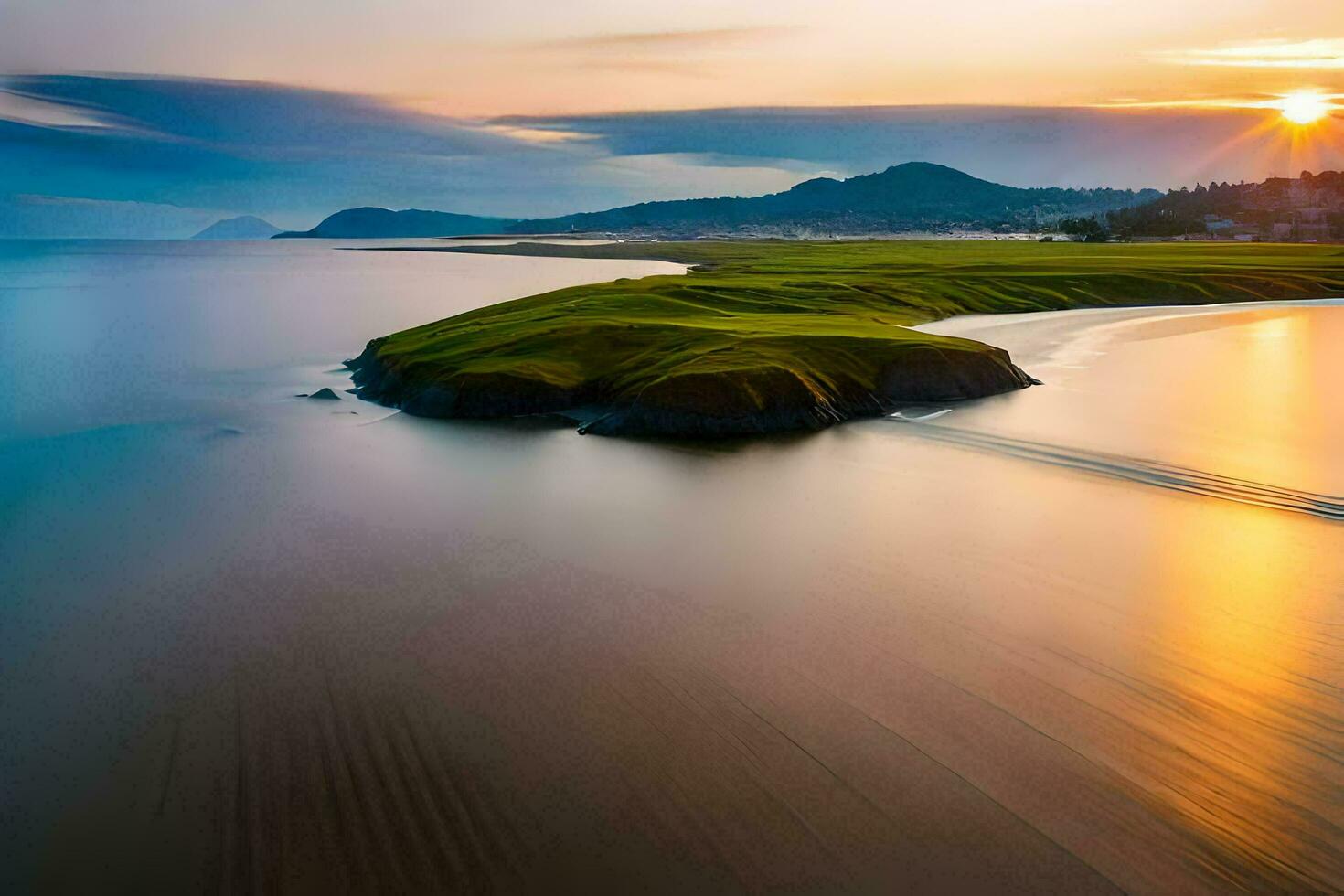 un largo exposición fotografía de un playa a puesta de sol. generado por ai foto