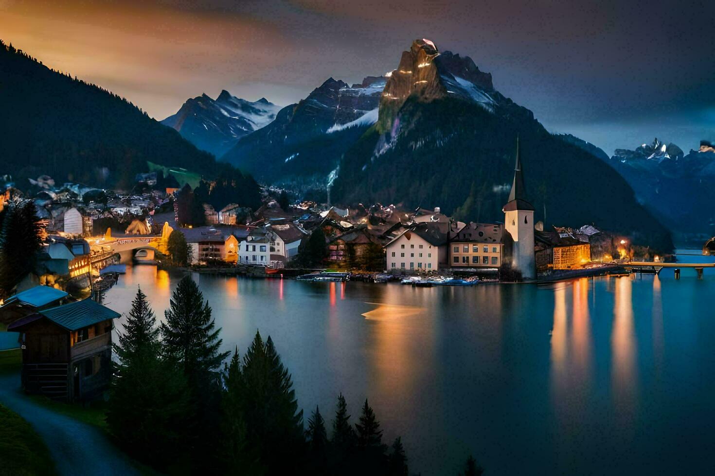 the town of switzerland is lit up at night. AI-Generated photo