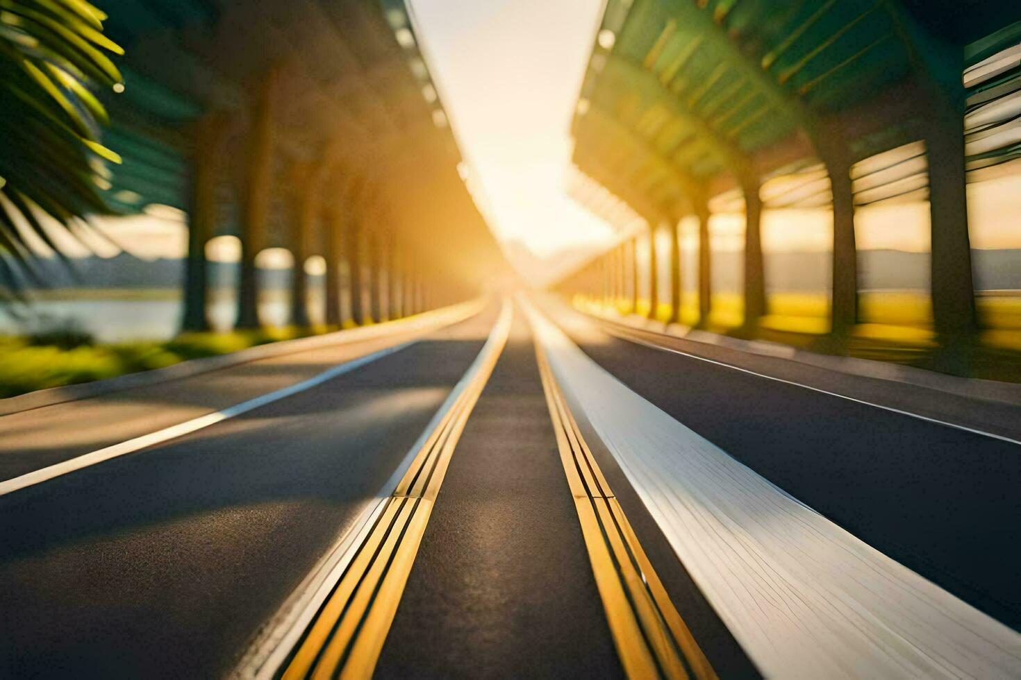 a long highway with the sun shining through the sky. AI-Generated photo