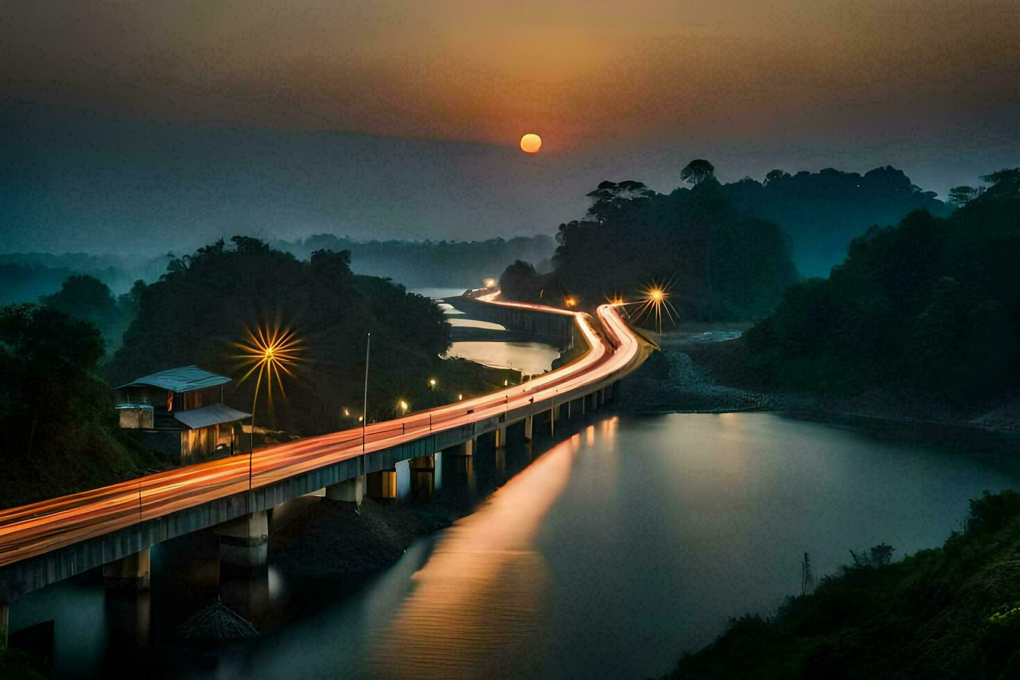 a bridge over a river at sunset with traffic on it. AI-Generated photo