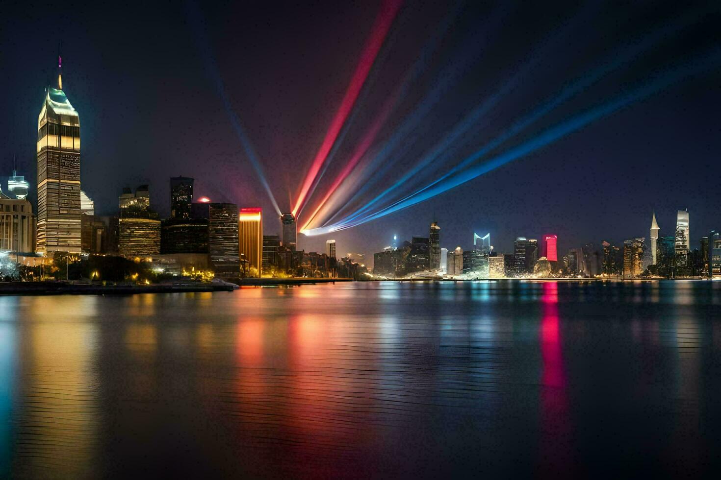 the city skyline is lit up with colorful lights. AI-Generated photo