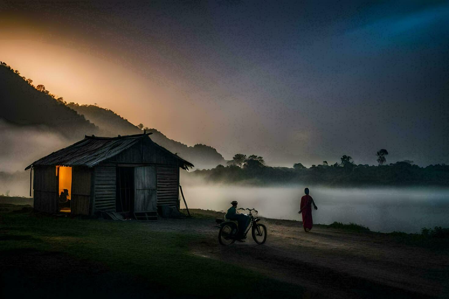 a man and woman stand outside a small hut in the fog. AI-Generated photo