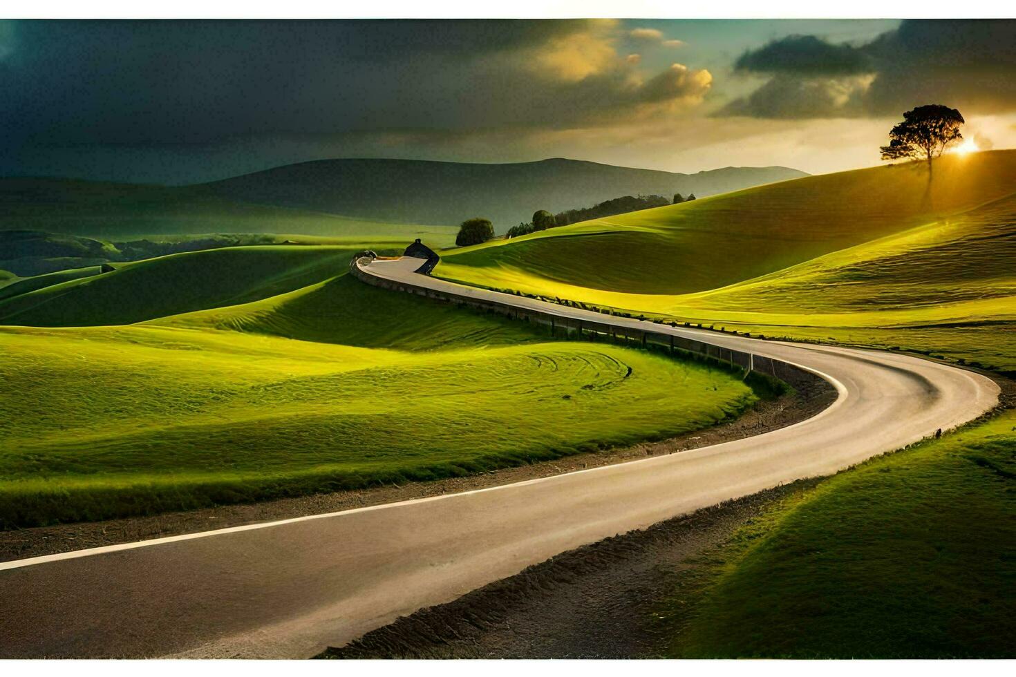 a winding road in the middle of a green field. AI-Generated photo