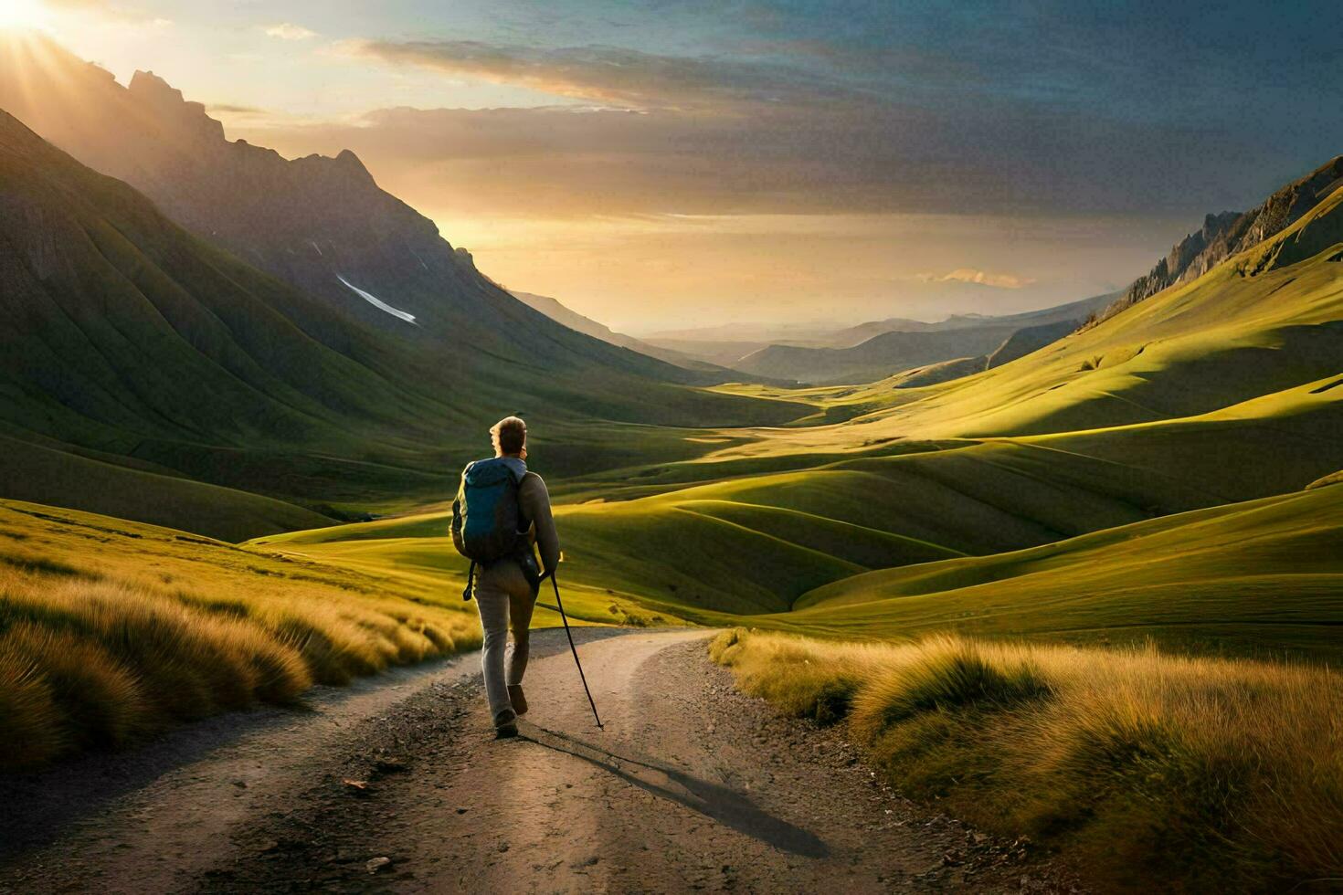 un hombre caminando en un suciedad la carretera en el montañas. generado por ai foto