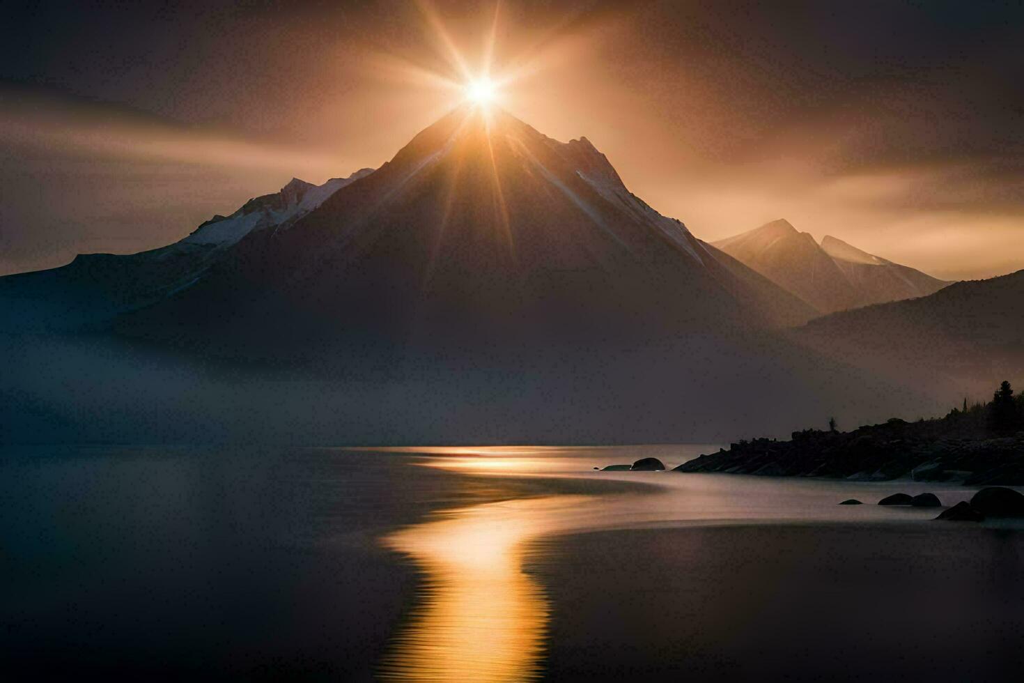 the sun shines over a mountain range and lake. AI-Generated photo