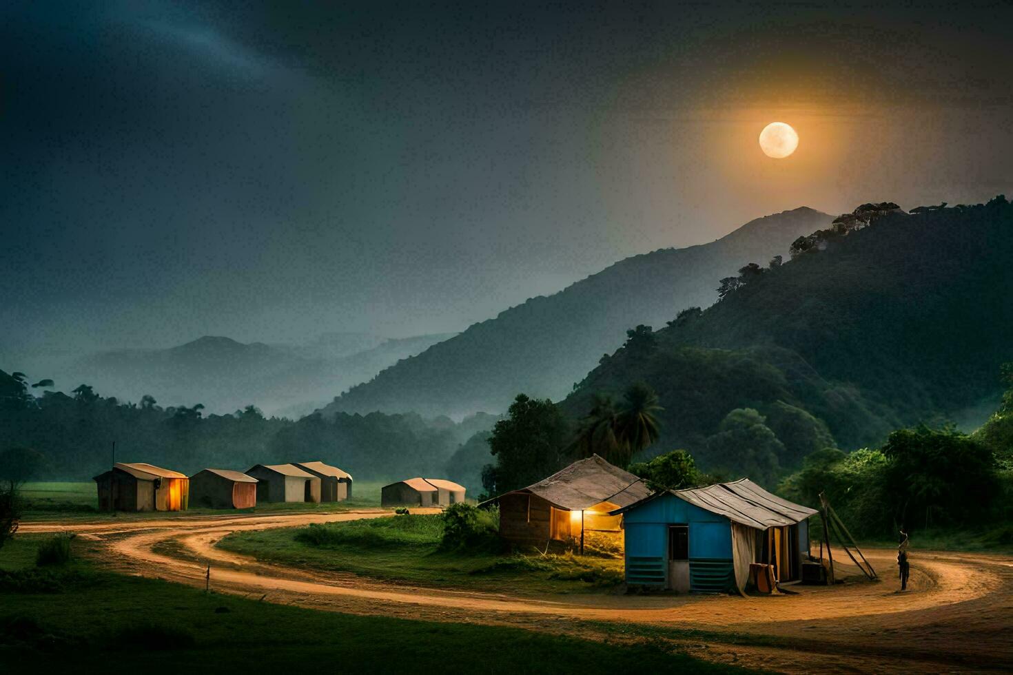 photo wallpaper the sky, mountains, the moon, the road, the village, the hut,. AI-Generated