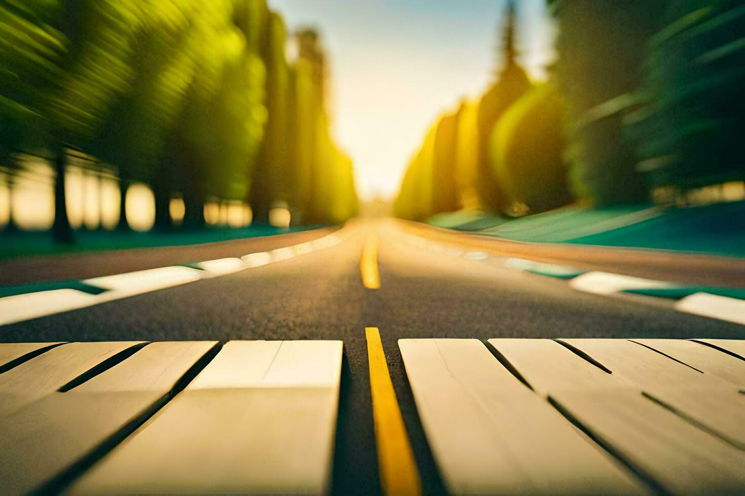 an empty road with trees and a sun setting. AI-Generated photo