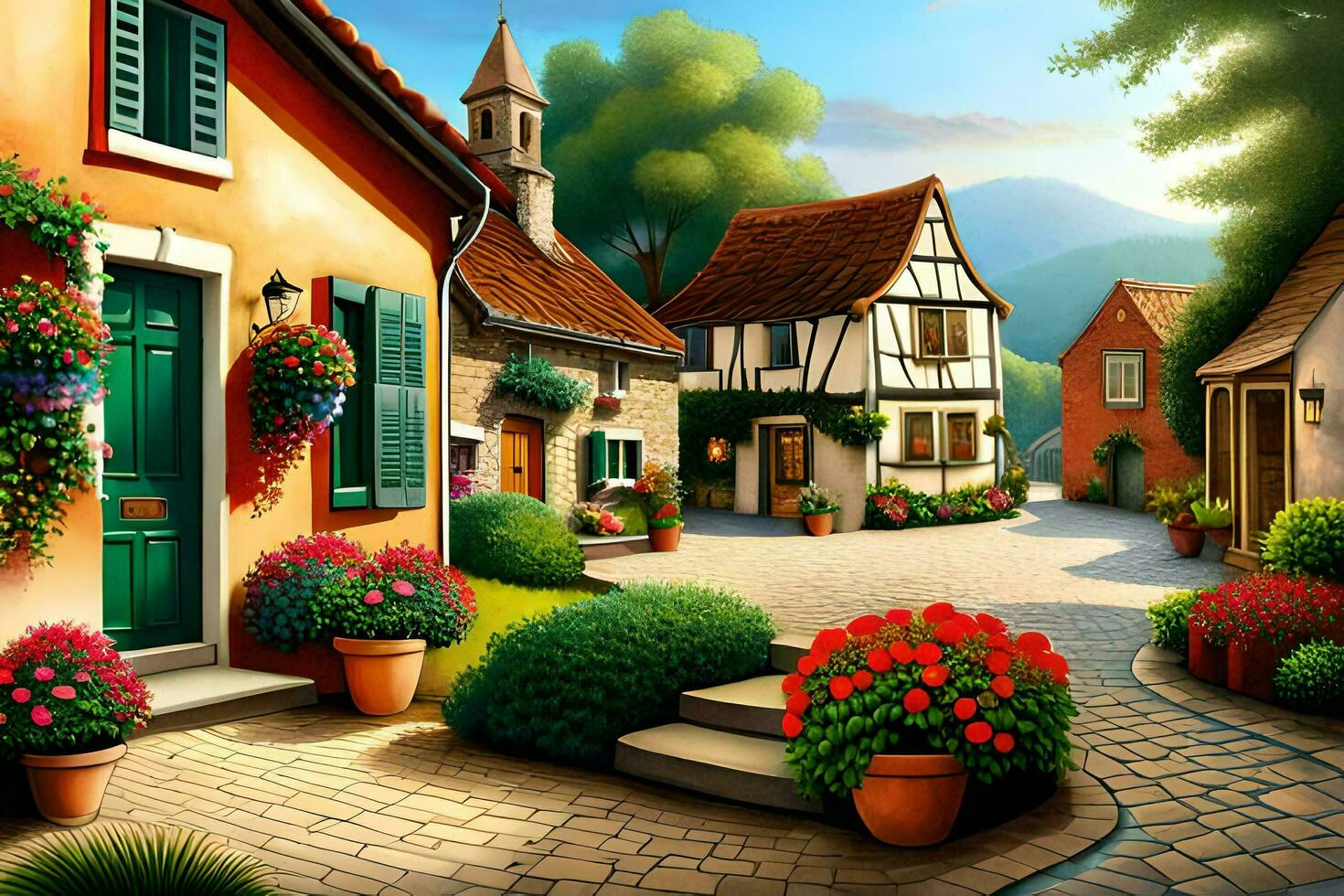 a painting of a village street with flowers and plants. AI-Generated photo