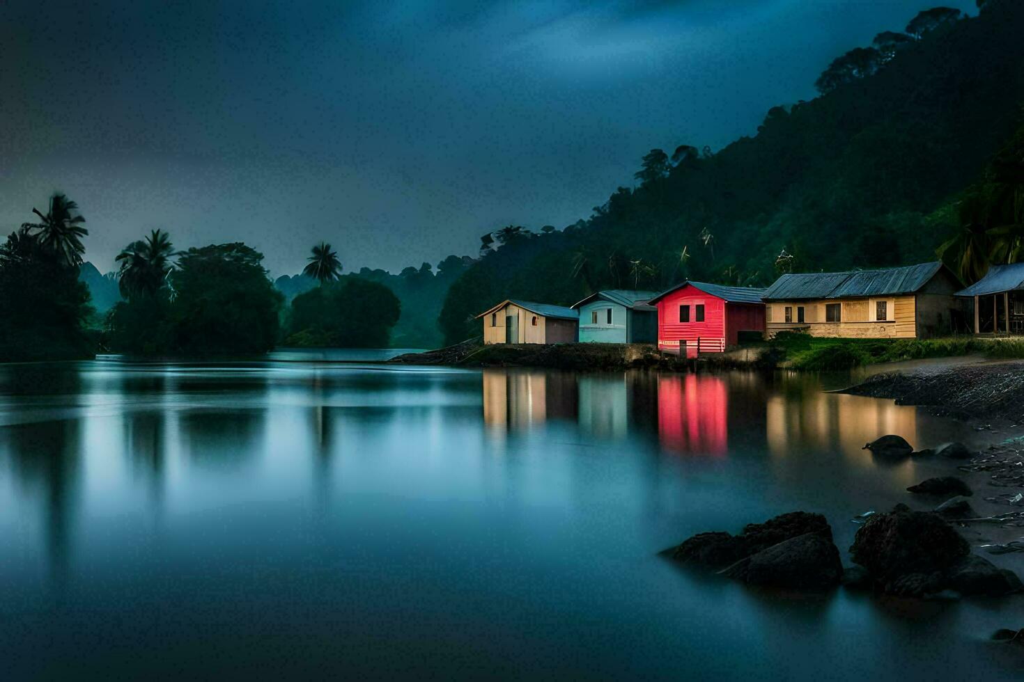 a house on the water with a red roof. AI-Generated photo