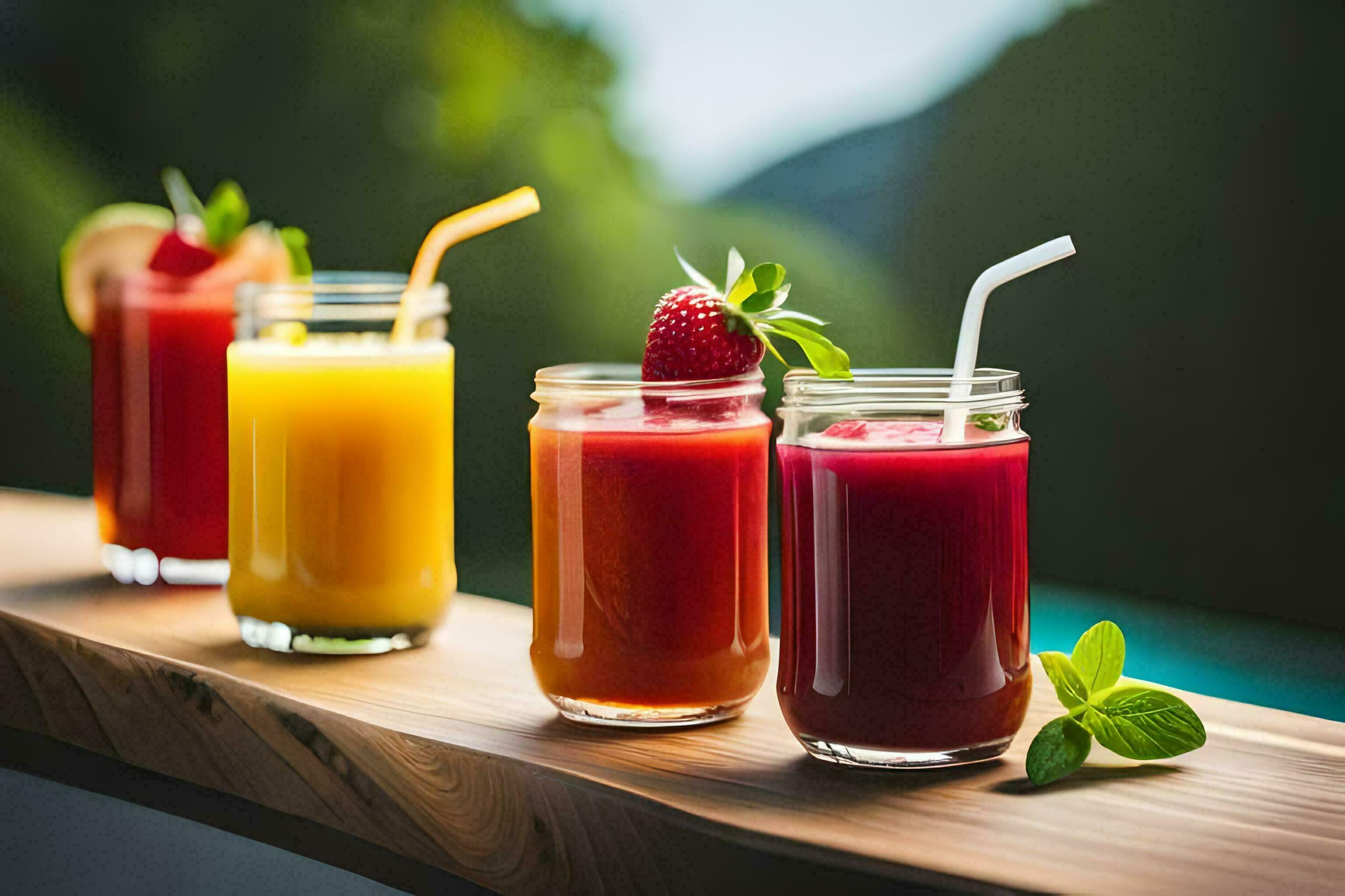 four different types of juices are lined up on a table. AIGenerated