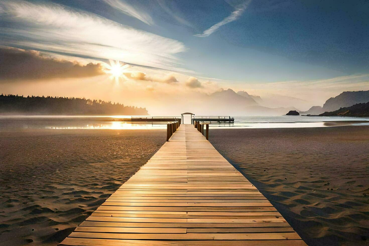a wooden pier stretches out into the ocean at sunrise. AI-Generated photo