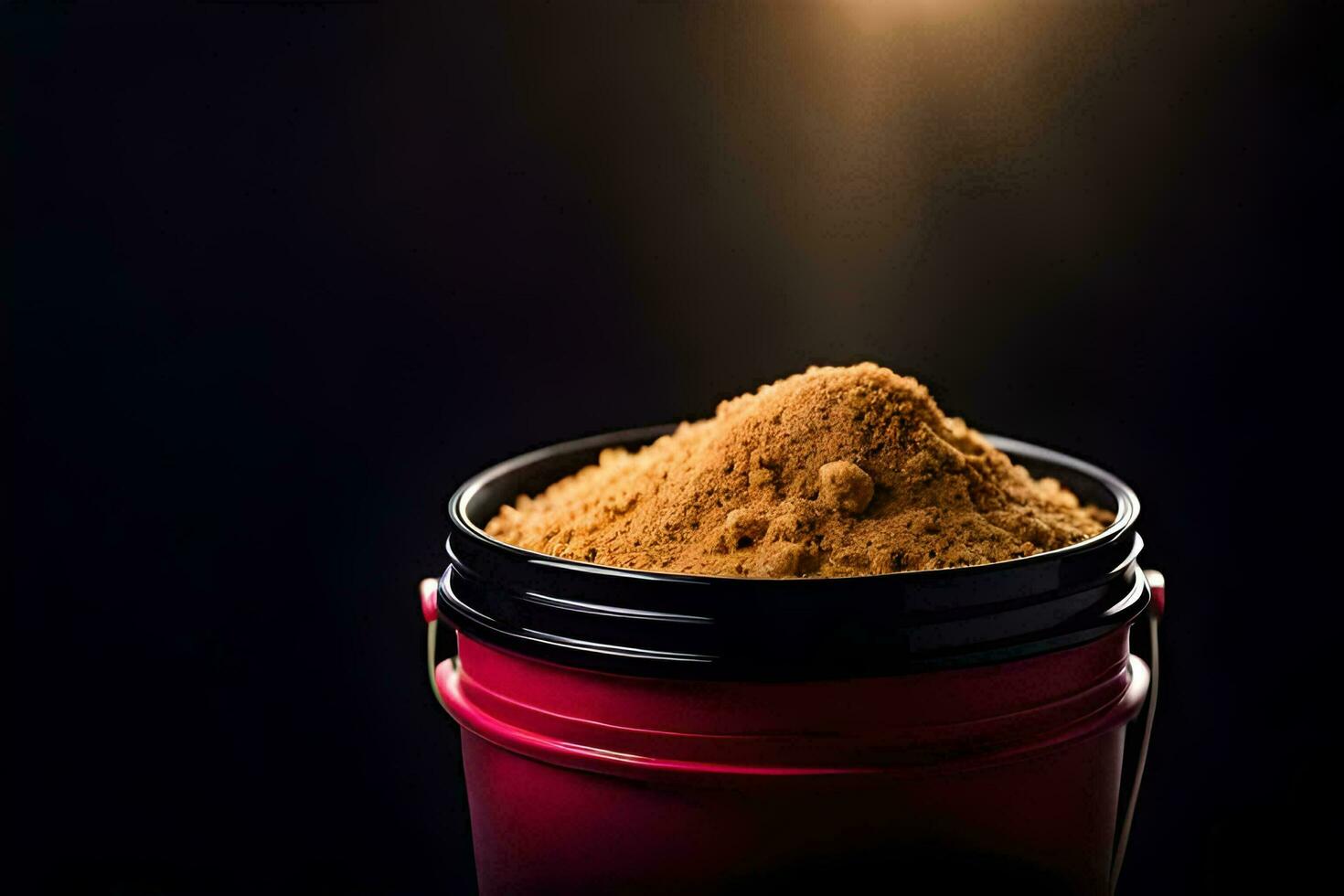 a bucket filled with brown sugar on a black background. AI-Generated photo