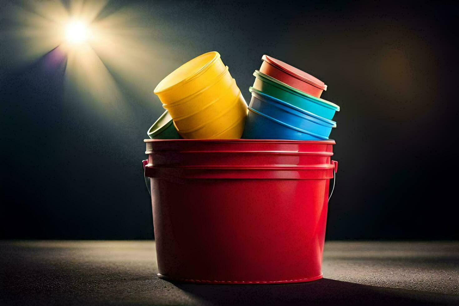 a bucket filled with colorful plastic cups. AI-Generated photo